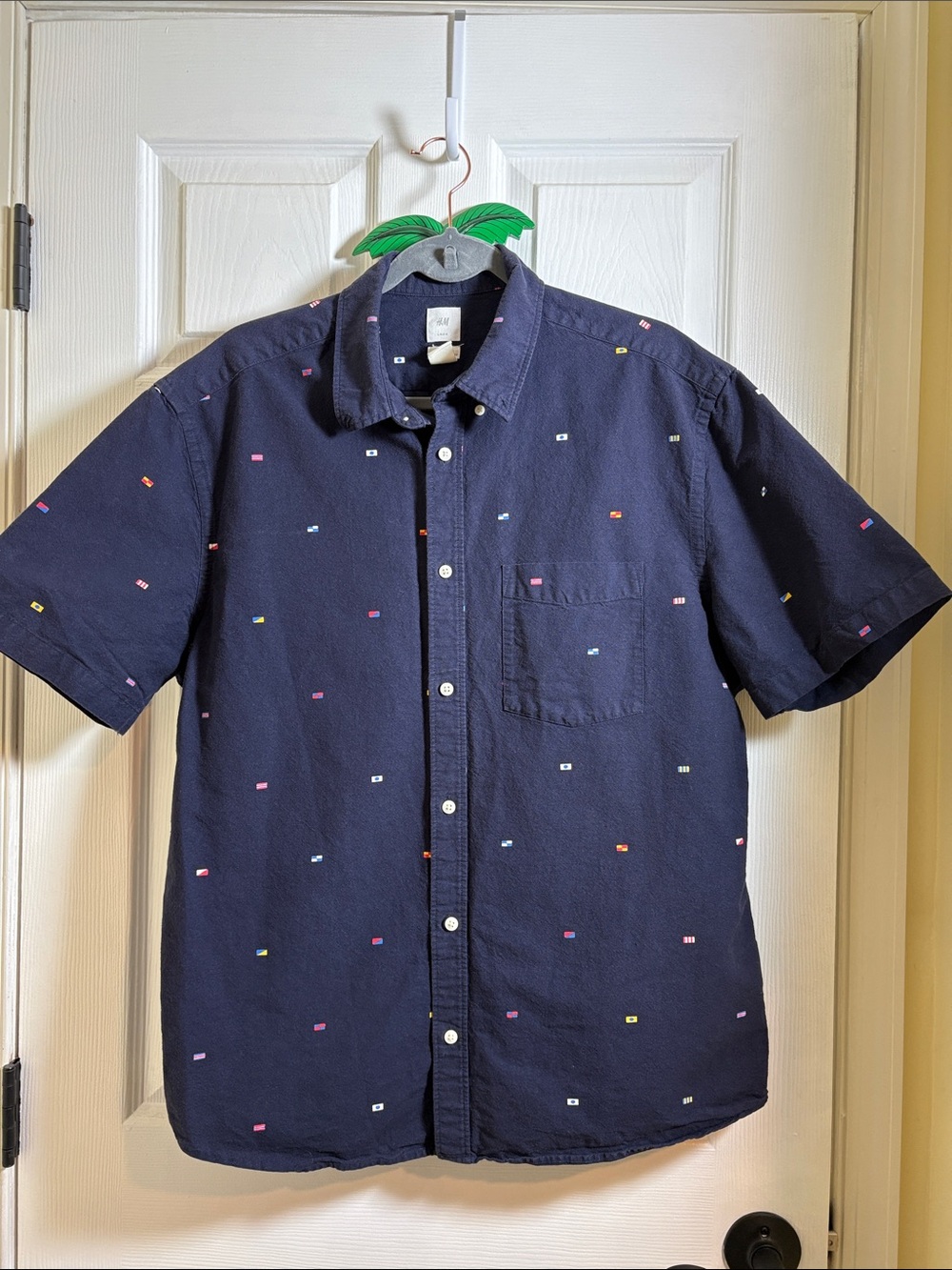 H&M Navy Short-Sleeve Button-Down Shirt Small Nautical Maritime Flags XL